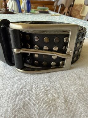 Men's Black Leather Studded Belt with Silver Buckle